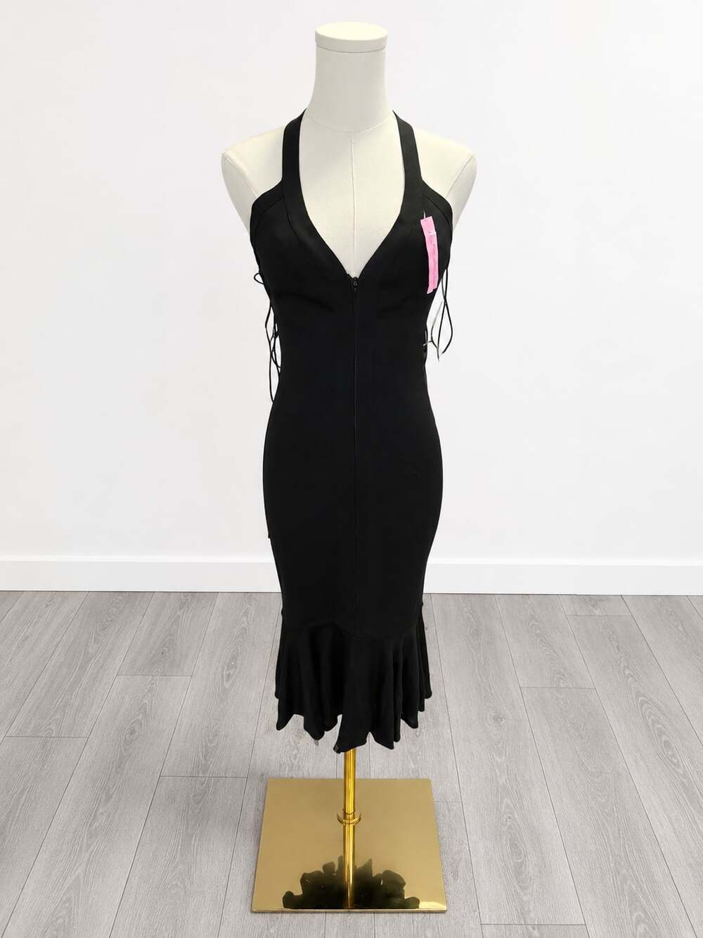 Tufi Duek Black Halter Bodycon Midi Dress with Ruffle Hem